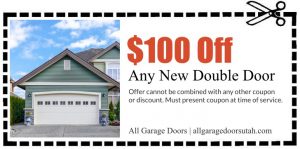$100 off coupon for any new double garage door installation with house background